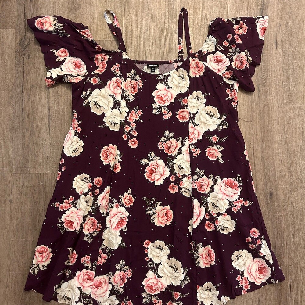 torrid Plum Floral Mini Dress with Pink and Cream Roses